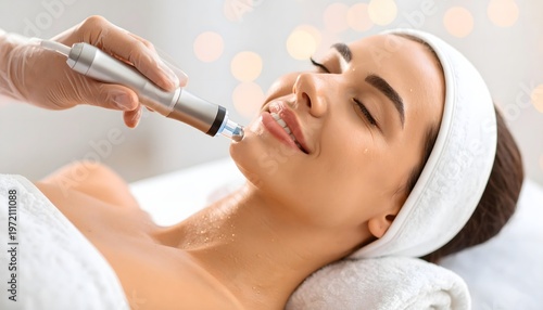 Woman receiving facial cosmetic treatment on chin and jawline with device, advanced skincare close-up