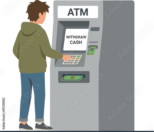 Man withdraws cash from an ATM machine on a street corner downtown.