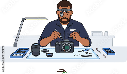 A man repairs a camera on a workbench with tools and parts.