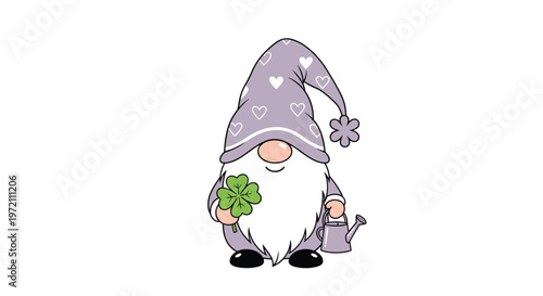 Adorable garden gnome wearing a heart patterned hat is holding a green four leaf clover and a small purple watering can for good luck.