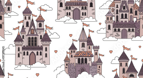 Enchanting seamless pattern featuring purple fairy tale castles floating among soft clouds and small red hearts in a whimsical design.