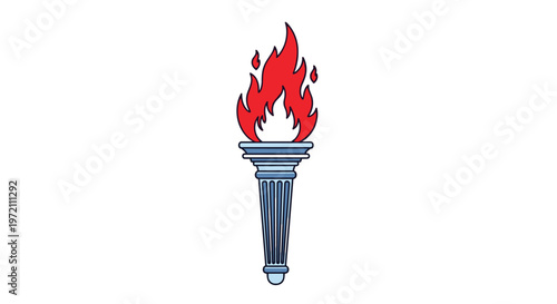 Iconic silver torch with a bright red and white flame symbolizes sport competition victory and eternal light on a plain white background.