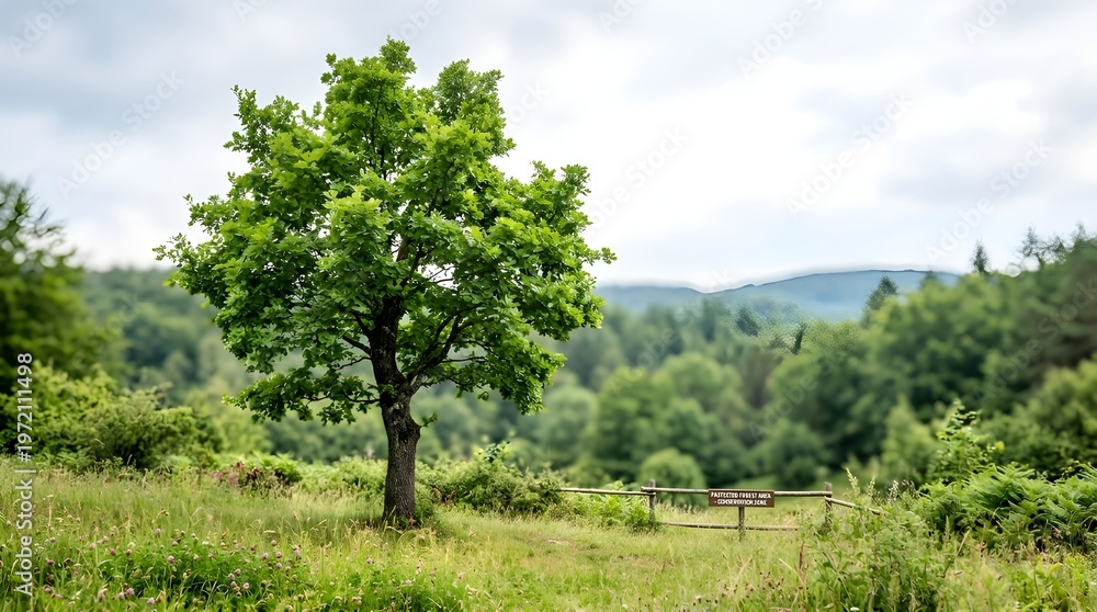 Fototapeta premium Green tree in meadow landscape with forest background