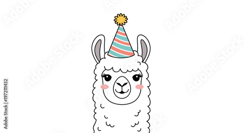 Adorable white llama wearing a festive striped party hat with a yellow pom pom on top is shown against a minimalist white background area.