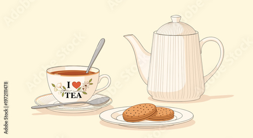 Elegant afternoon tea set includes a striped teapot a cup of tea with a heart design and a plate of delicious round cookies for snacks.