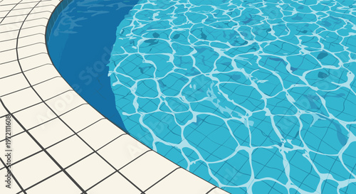 High angle view of a swimming pool with clear turquoise water showing light reflections and a curved edge with white tiles for summer.