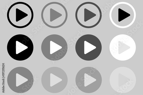 Set of play icons on transparent background texture. Elements for video player. Push, start, click or record button for multimedia app window interface. Vector illustration.