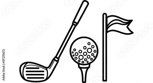 Simple vector illustration of golf equipment featuring a club, ball on tee, and flag design.