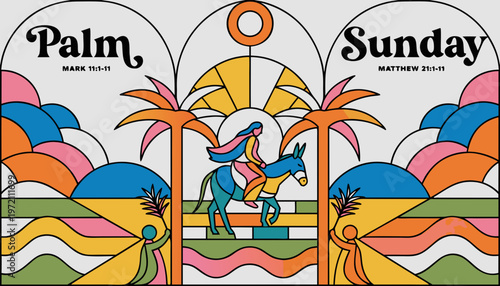 Vibrant Palm Sunday illustration with a colorful stained glass design and a person riding a donkey surrounded by palm trees