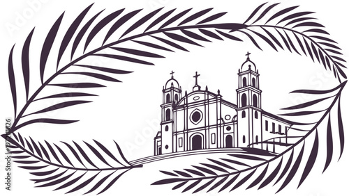 Beautiful church with palm leaves illustration