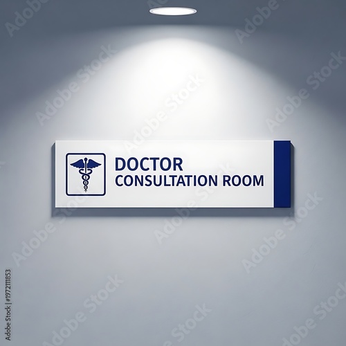 Doctor consultation room sign with caduceus symbol mounted on a white wall with health center