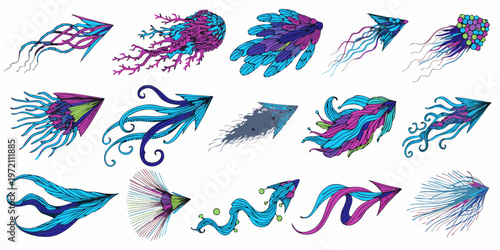 Colorful illustration of various jellyfish and sea creatures in vibrant hues and unique designs on white background