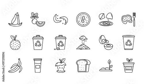 Organic waste and leftover food outline icon set with composting and biodegradable symbols