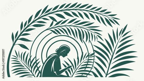 Woman sitting amidst lush tropical leaves in a serene natural setting