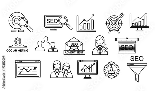 Detailed SEO and marketing outline icon set with analytics, growth, social media, and advertising illustrations