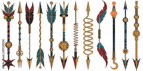 Steampunk inspired collection of unique spear and arrow designs