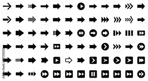 A comprehensive vector illustration of various black arrow icons and media control symbols for graphic design projects