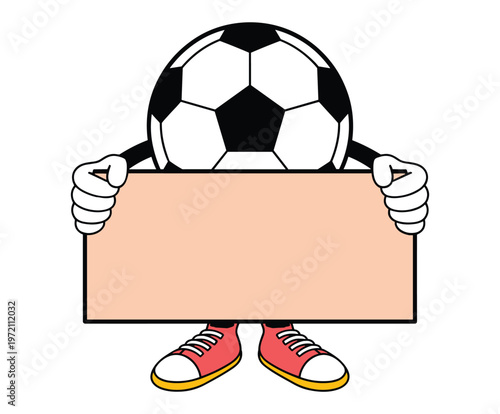 Cartoon soccer ball character holding blank sign with feet in sneakers.