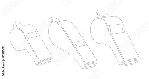 Three white plastic whistles, a set of sport and safety signaling devices, essential referee equipment, and emergency alert tools, isolated vector illustration.