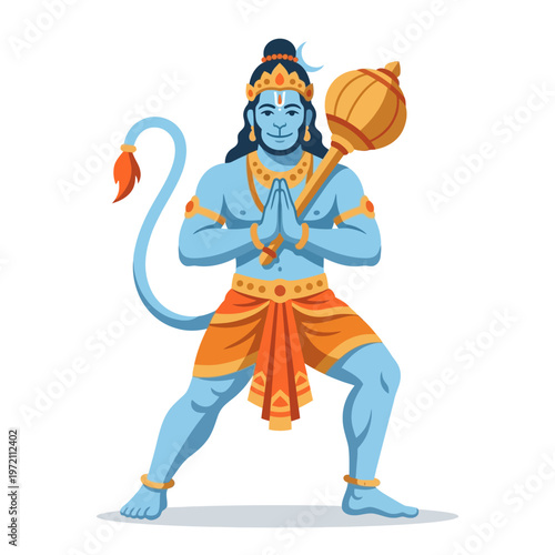 Hanuman, the Hindu monkey god, in a powerful pose with a mace.