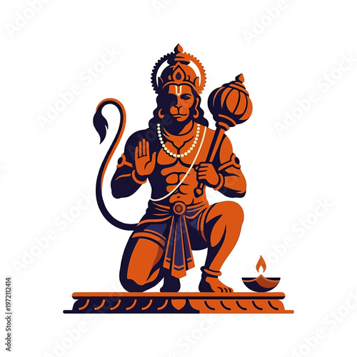 Lord Hanuman in a kneeling pose with a mace and a lit diya.