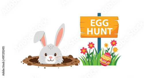 Easter bunny popping out of a hole next to a wooden egg hunt sign and colorful spring flowers with a decorated egg.