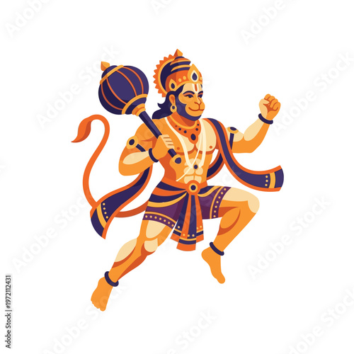 Lord Hanuman in dynamic pose holding mace, Hindu deity.