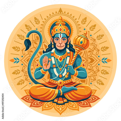 Lord Hanuman in meditative pose with mace.