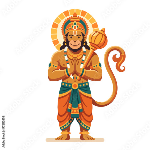 Lord Hanuman standing with mace in hand, a revered Hindu deity.