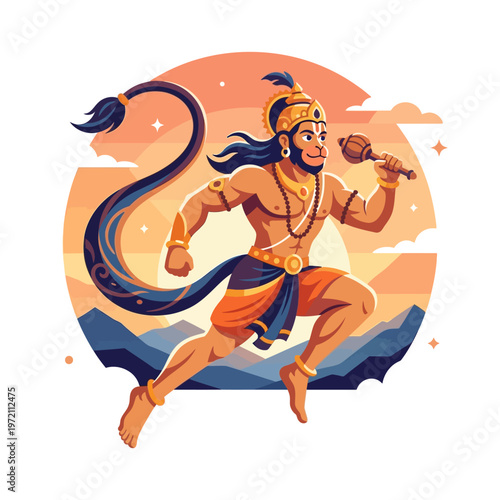 Lord Hanuman running with a mace in his hand.