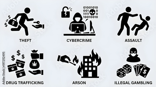 Police and Crime Icon Collection Featuring Theft Fraud Violence and Digital Crime Symbols