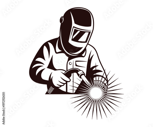 Welder in protective gear creating sparks with welding torch metal.