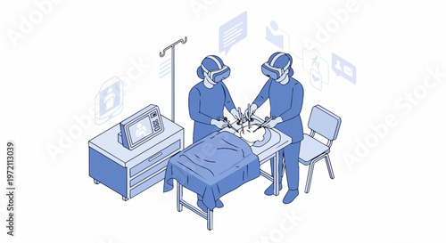 Isometric Illustration of Surgeons using Virtual Reality VR for Medical Training and Surgery Simulation