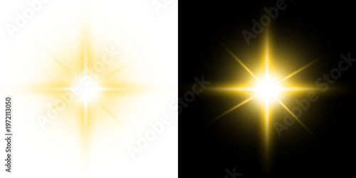 Golden glowing star light burst isolated on black and white background, radiant sparkle effect