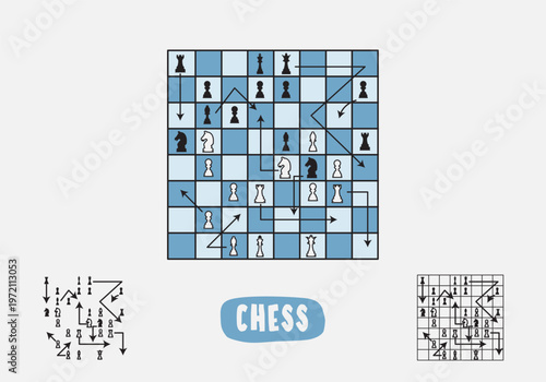 Chess Tactical Board with Player Movement Vector Illustration.