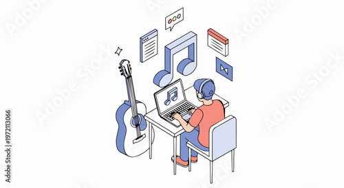 Isometric Vector Illustration of Digital Music Production and Online Learning with Musician at Desk