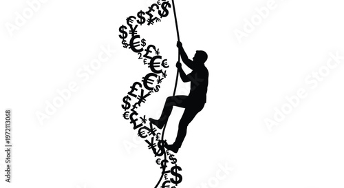 Man climbing up a rope with currency symbols swirling around him in a spiral motion closely