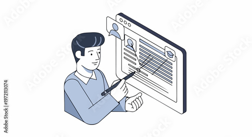 Isometric Illustration of a Professional Man Creating an Online Resume and Profile on a Digital Interface for Job Search and E-learning
