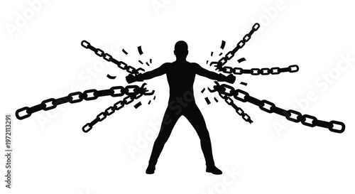 Man breaking free from heavy chains with brute strength and determination in a powerful stance