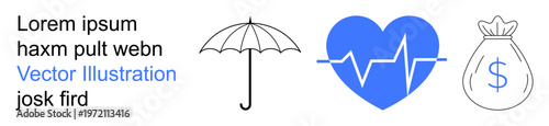 Finance, health insurance, security, savings, wellness, risk management. Minimalist design showing umbrella, heartbeat and money bag icons. Finance and health insurance illustrated in symbols