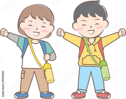 リュックを背負って遠足に行く子供たちのイラスト