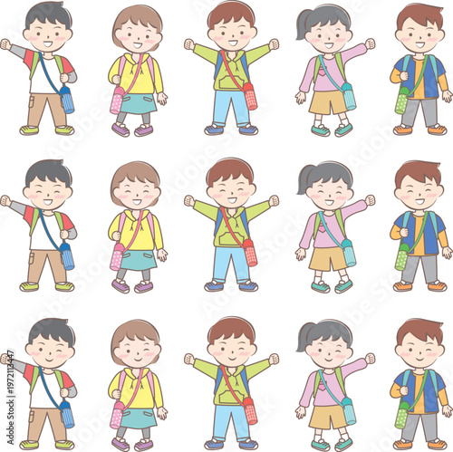 リュックを背負って遠足に行く子供たちのイラスト