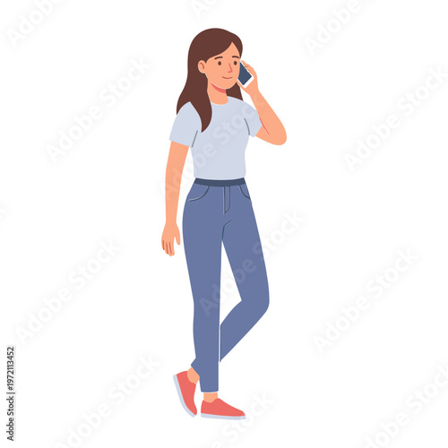 Woman talking on phone while walking alone outside