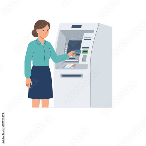 Woman uses card at an ATM machine in a city.