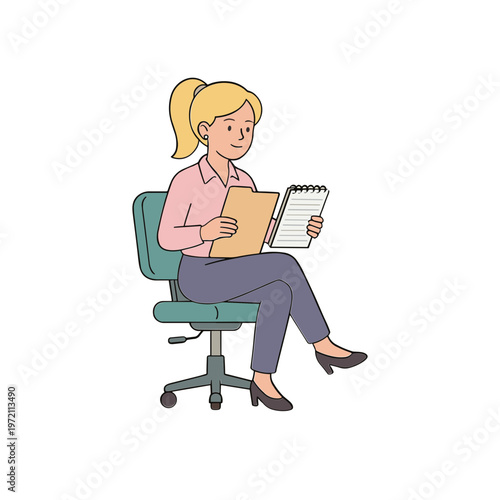 A woman sits on an office chair reading a book and notebook indoors.