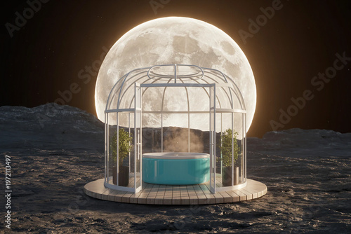 A white birdcage containing a steaming hot tub on a lunar landscape under a full moon.