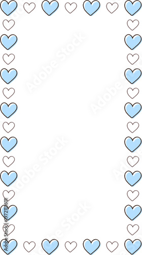 大きな青色の塗りつぶしハートと小さな白抜きのラインハートが交互に並んだ可愛い縦長フレーム