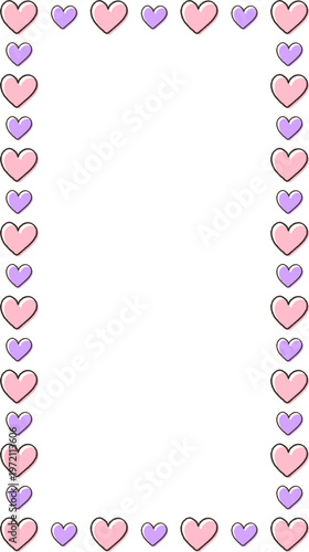 大小のピンク色と紫色のハートが交互に並んだ爽やかで可愛い縦長フレーム素材