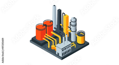 Isometric Industrial Oil Refinery Plant Illustration with Storage Tanks and Chemical Processing Facility.