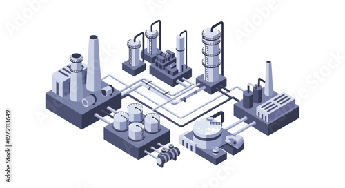 Isometric Industrial Factory and Oil Refinery Plant Vector Illustration with Storage Tanks, Pipelines, and Chimneys in Flat Design Style